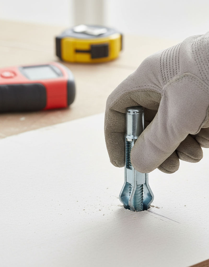 Hand installing a heavy-duty toggle bolt into drywall to hang a heavy mirror securely