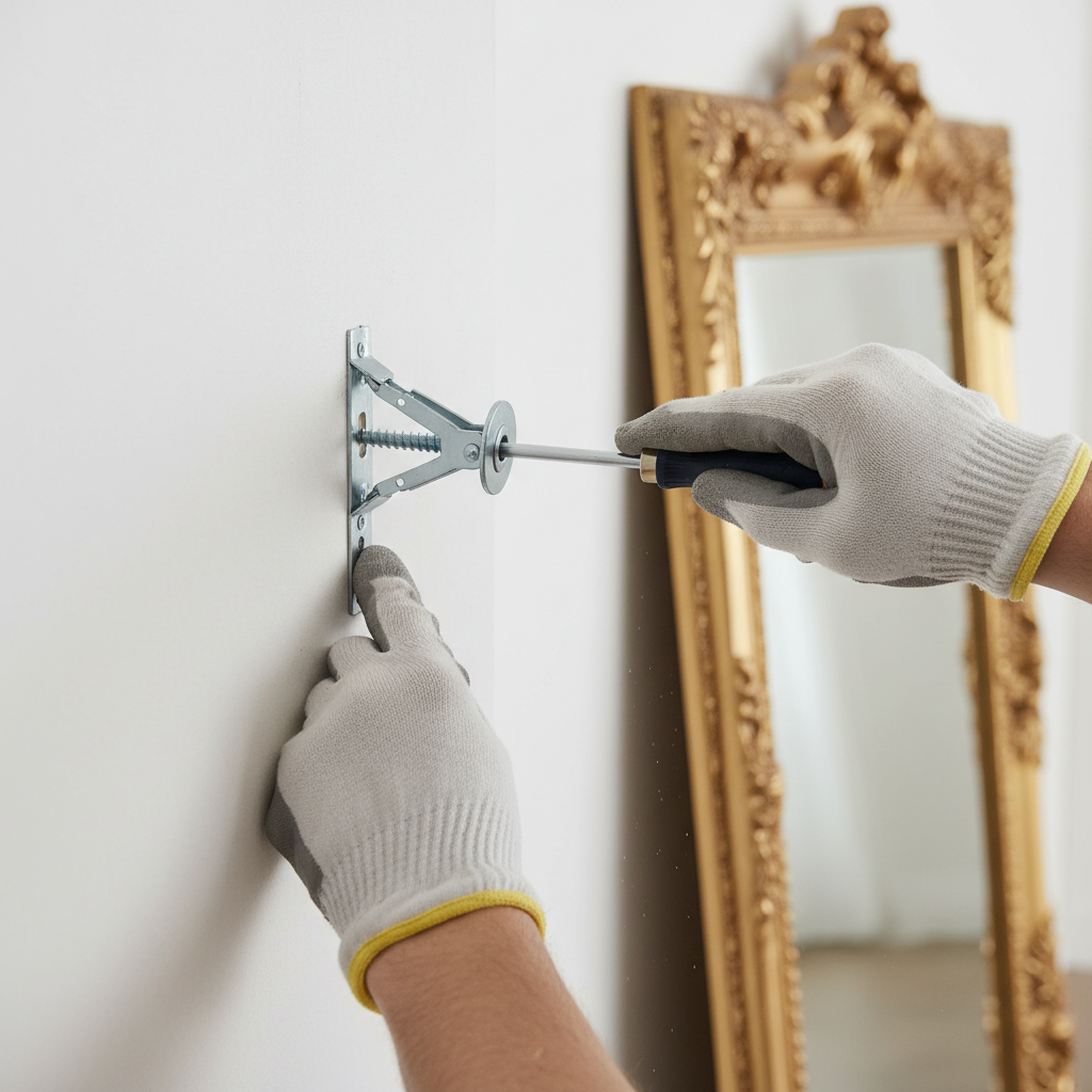 Hands installing a heavy-duty toggle bolt into drywall for a mirror