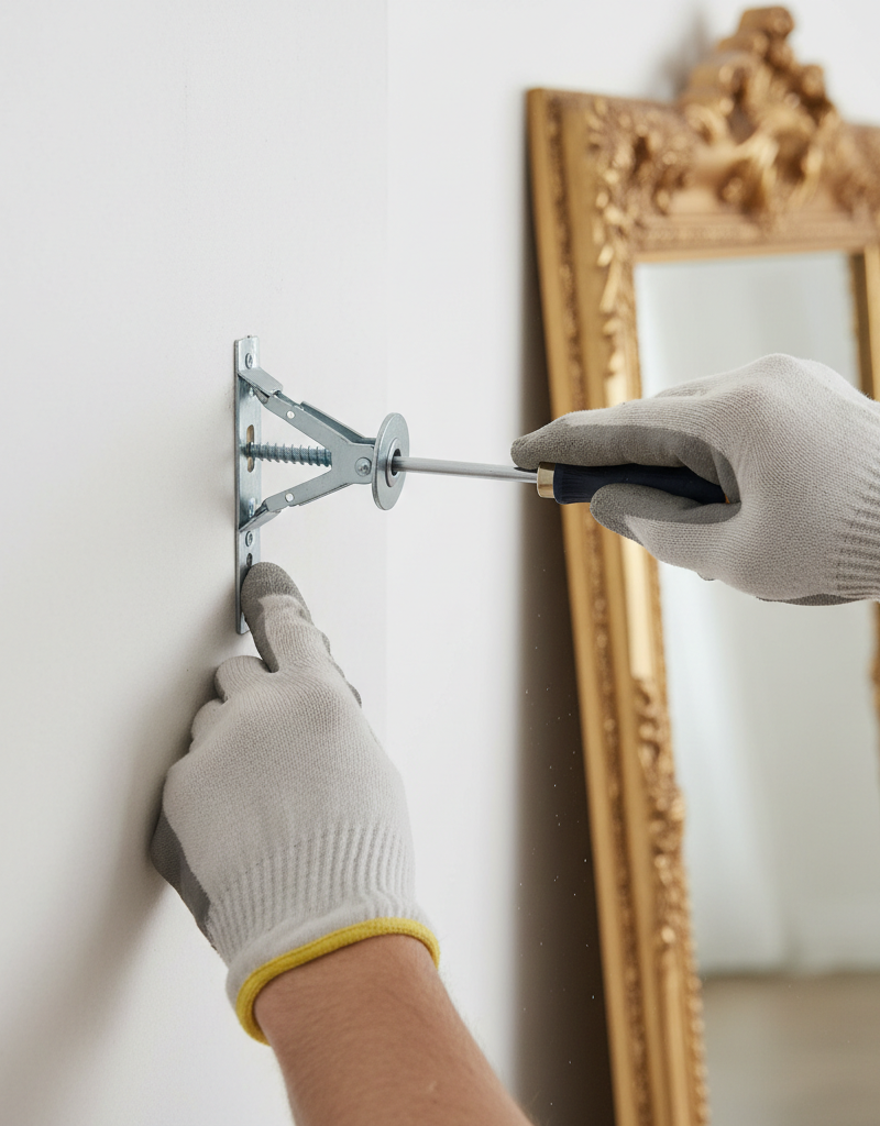 Hands installing a heavy-duty toggle bolt into drywall for a mirror