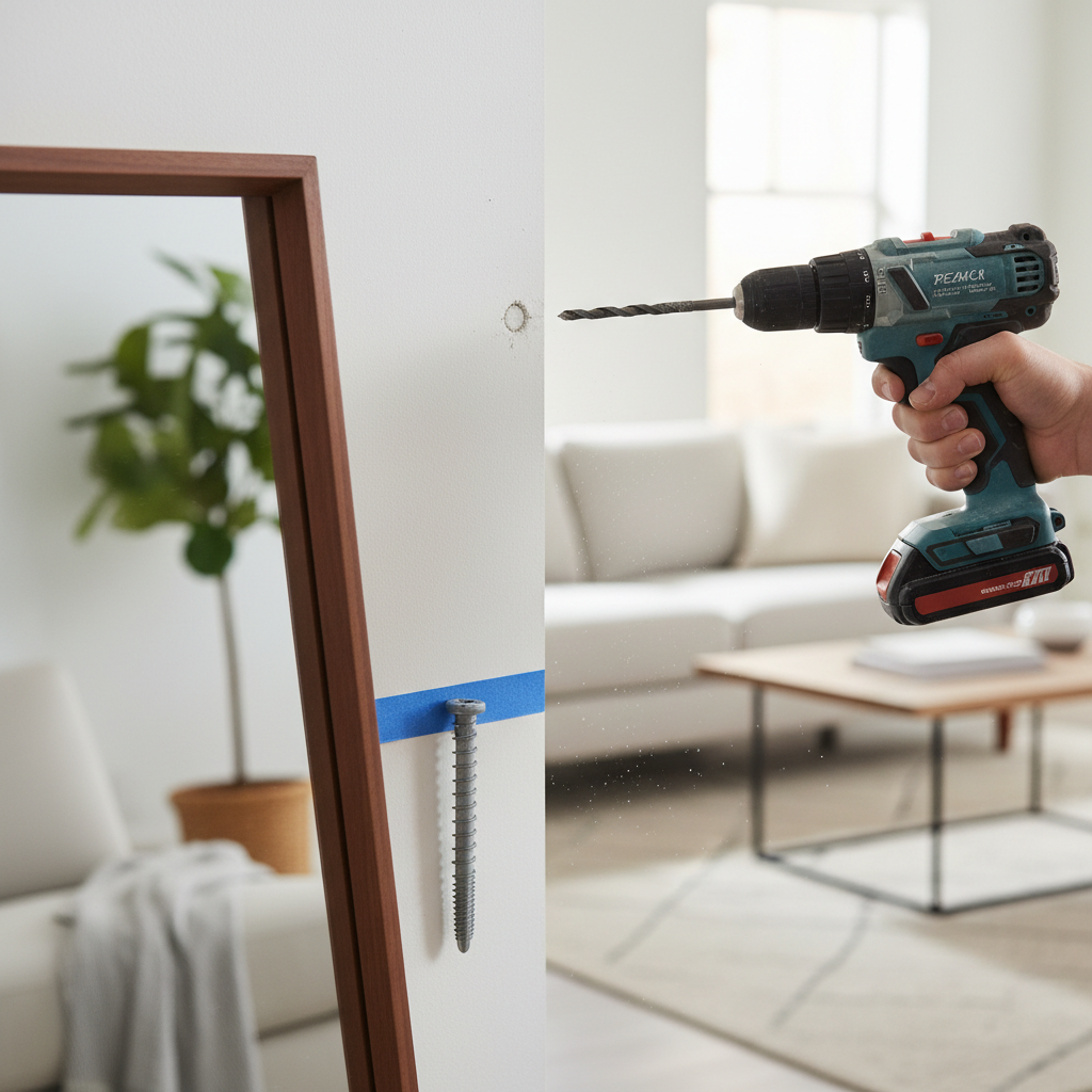 Homeowner drilling a pilot hole for a heavy-duty drywall anchor to hang a large mirror.