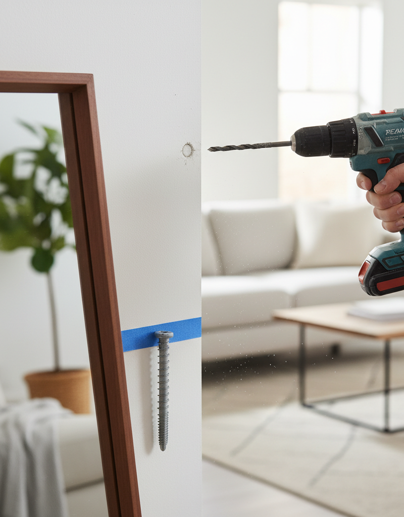 Homeowner drilling a pilot hole for a heavy-duty drywall anchor to hang a large mirror.