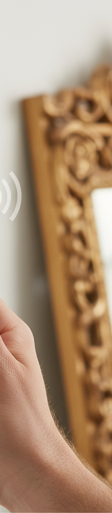 A homeowner uses a stud finder to locate wall studs before hanging a heavy mirror.