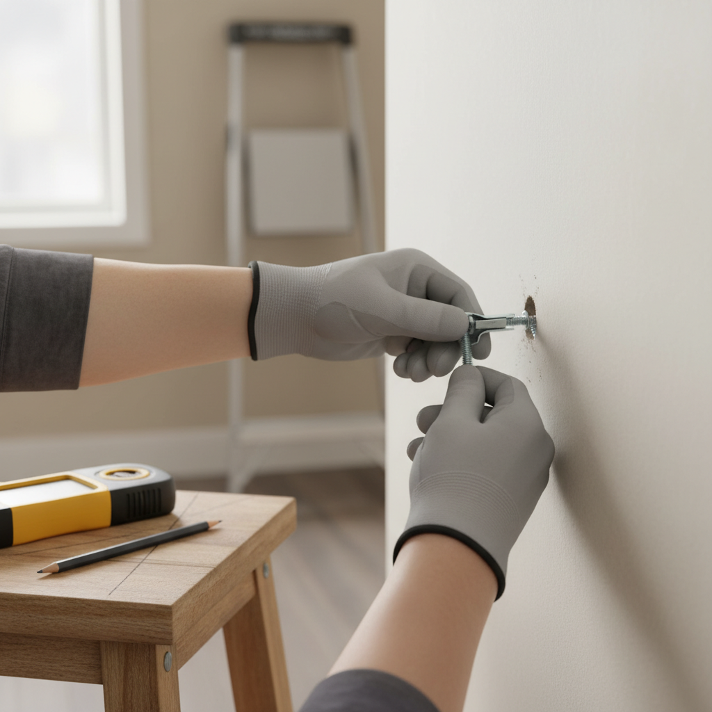 Homeowner installing a toggle bolt in drywall for a heavy mirror, with stud finder nearby