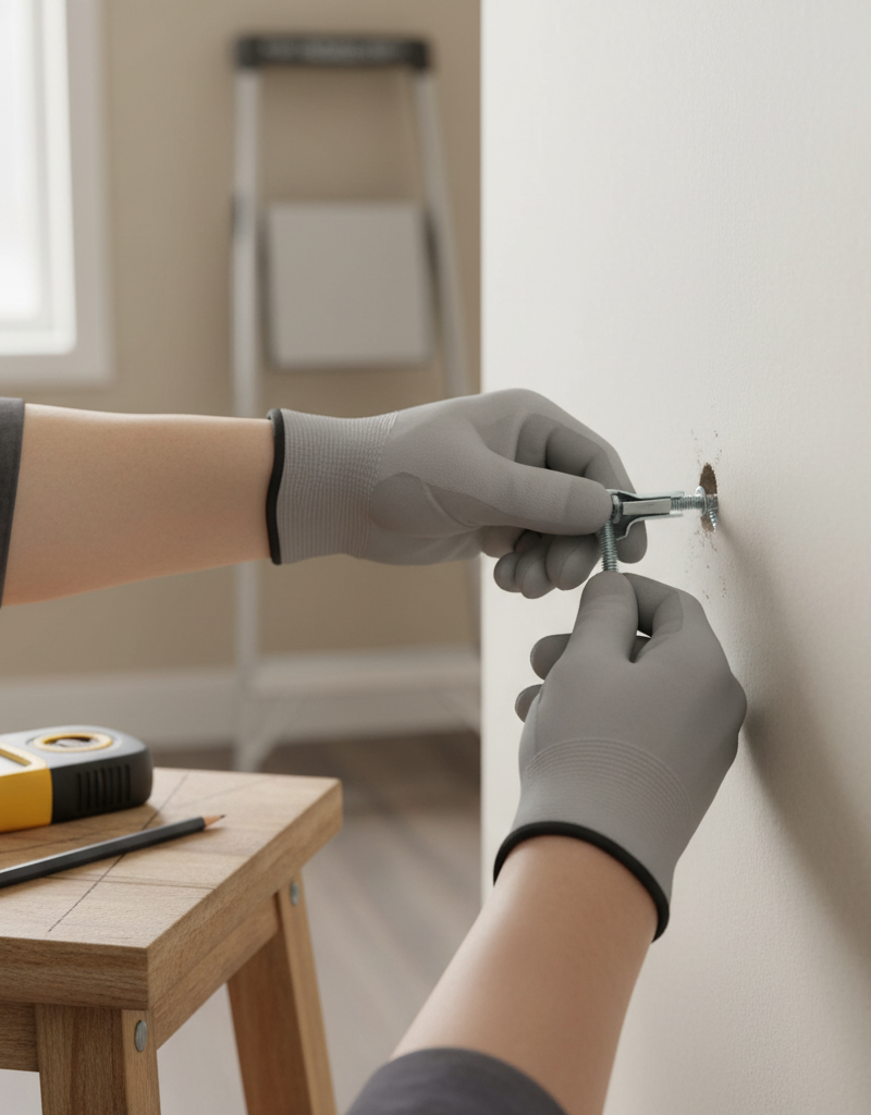 Homeowner installing a toggle bolt in drywall for a heavy mirror, with stud finder nearby