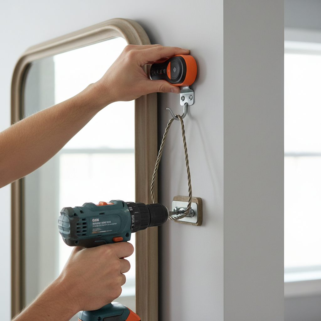 Homeowner installing a heavy mirror on drywall using a stud finder and heavy-duty anchors