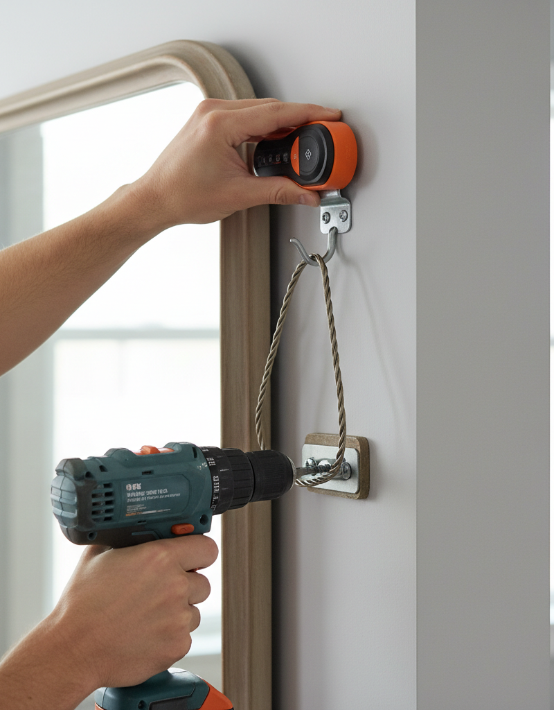 Homeowner installing a heavy mirror on drywall using a stud finder and heavy-duty anchors