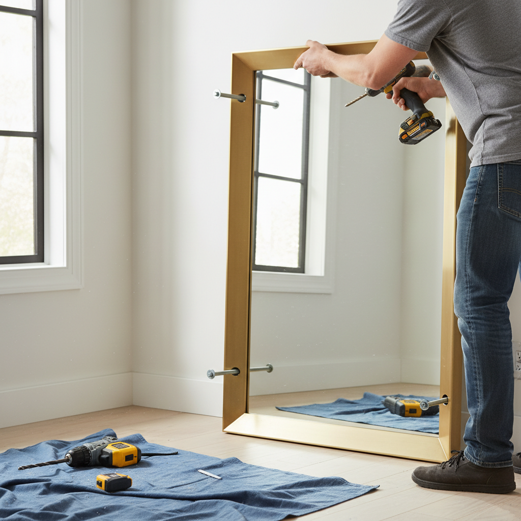 Homeowner installing a heavy mirror on drywall using toggle bolts and a stud finder