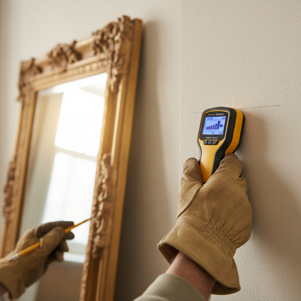 Homeowner using a digital stud finder on a drywall wall to locate a stud before hanging a heavy mirror.
