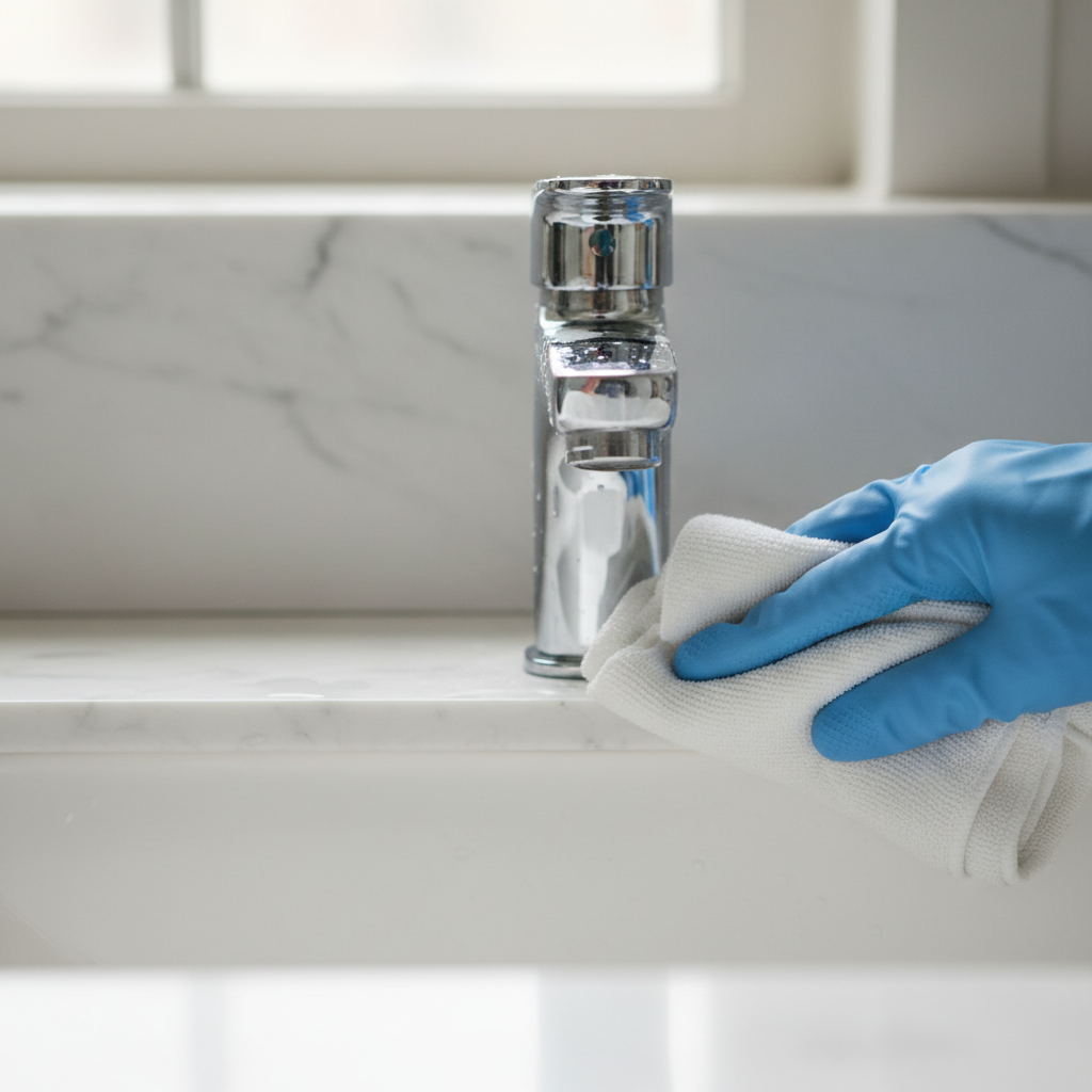 Close-up of a bathroom faucet half covered in hard water stains, half clean, being wiped by a gloved hand.