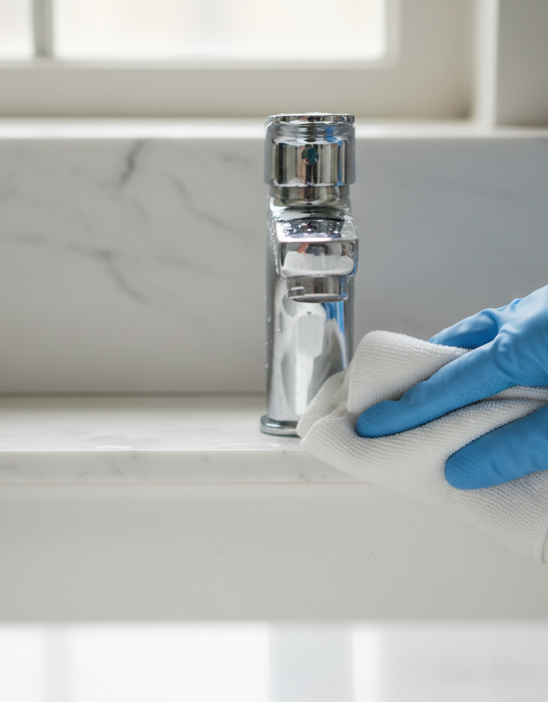 Close-up of a bathroom faucet half covered in hard water stains, half clean, being wiped by a gloved hand.