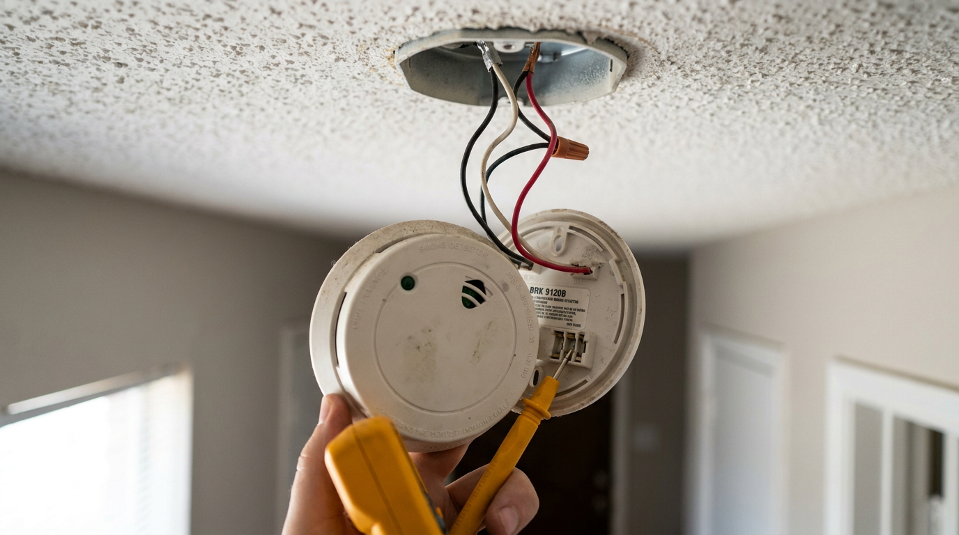 Electrician checking voltage on a hardwired ceiling smoke detector wiring harness with a multimeter