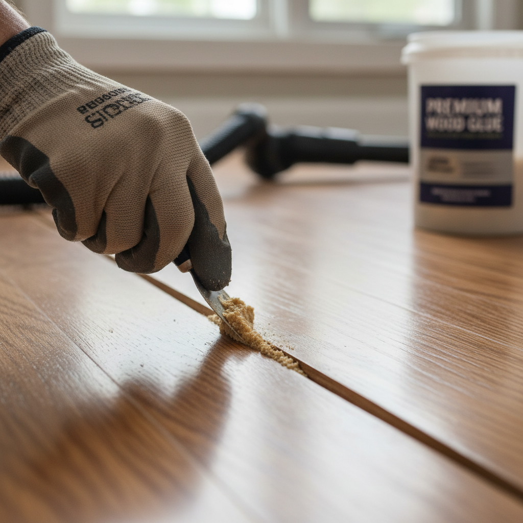 Contractor's hand filling a gap in a hardwood floor with wood filler and a putty knife.