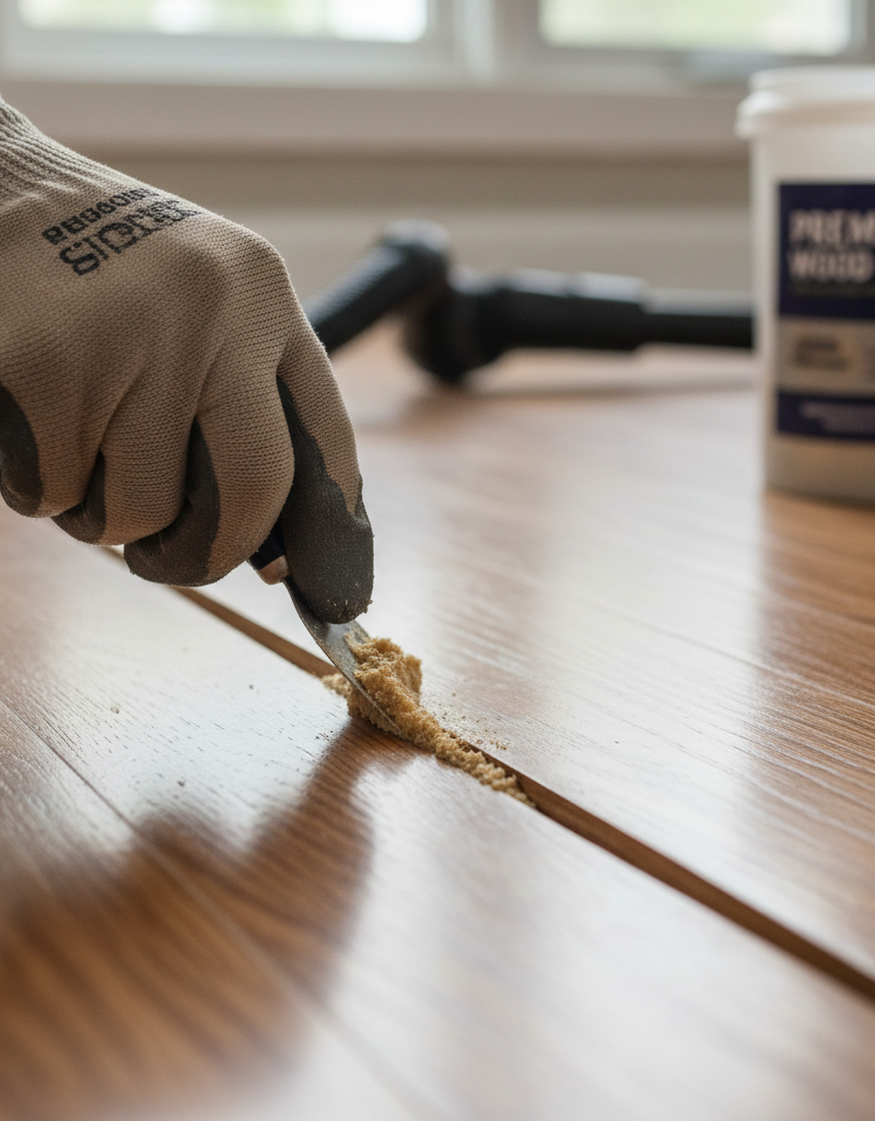 Contractor's hand filling a gap in a hardwood floor with wood filler and a putty knife.