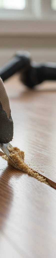 Contractor's hand filling a gap in a hardwood floor with wood filler and a putty knife.