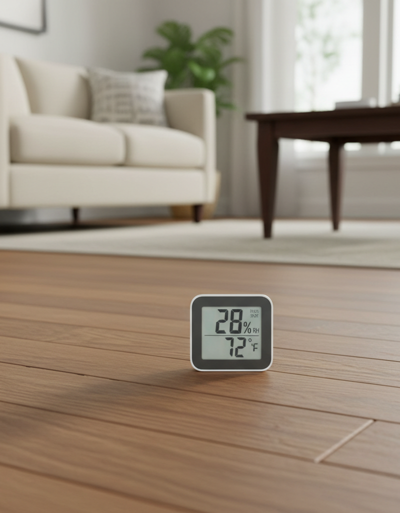 Close-up of hardwood floor planks with visible gaps, and a hygrometer showing low humidity.