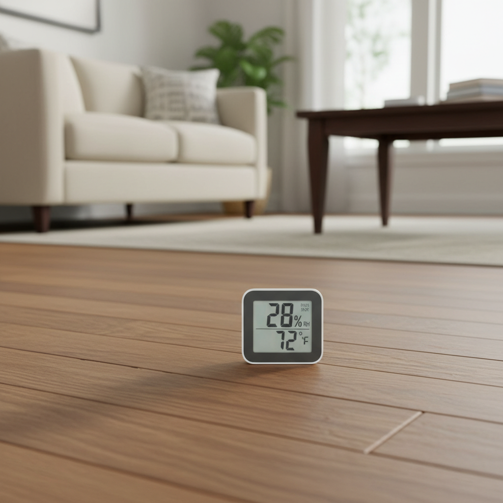 Close-up of hardwood floor planks with visible gaps, and a hygrometer showing low humidity.