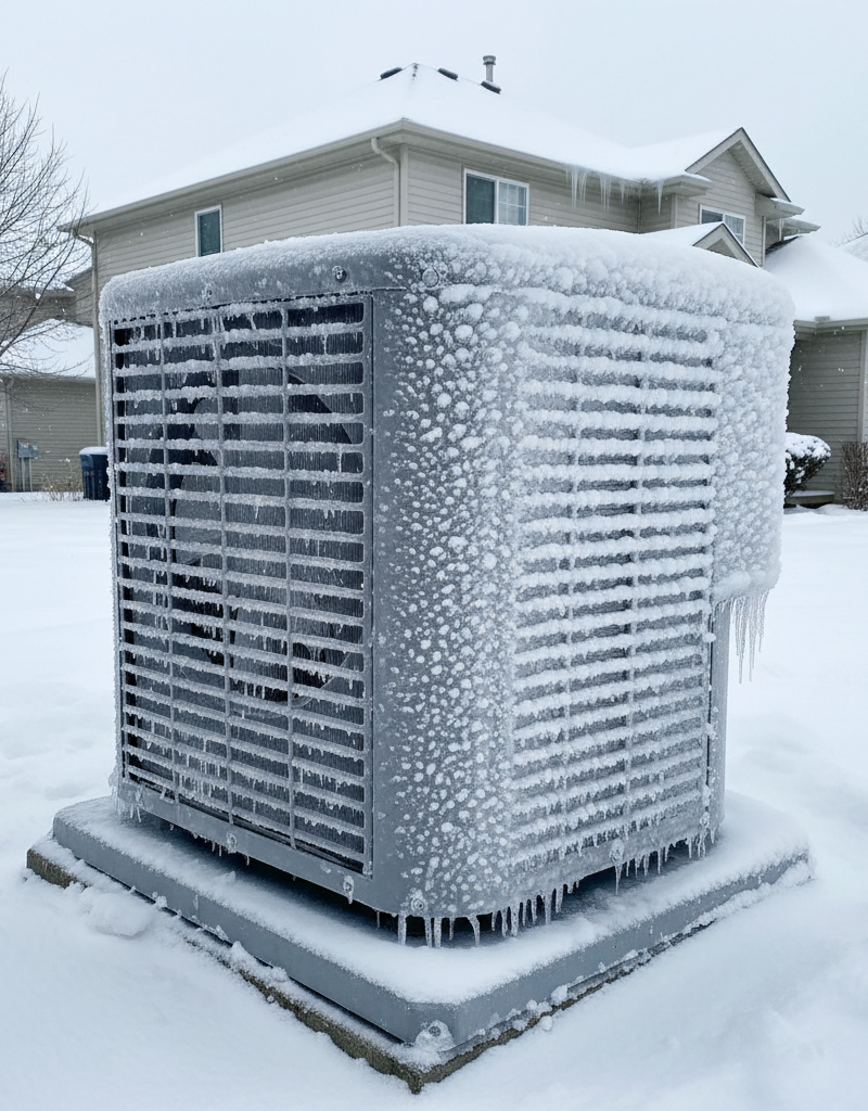 Heat pump outdoor unit covered in frost and ice during cold weather.