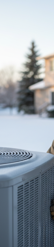 Homeowner inspecting a heat pump outdoor unit on a cold winter day, checking for ice.