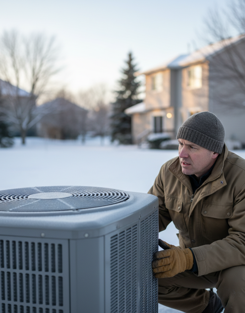 Homeowner inspecting a heat pump outdoor unit on a cold winter day, checking for ice.