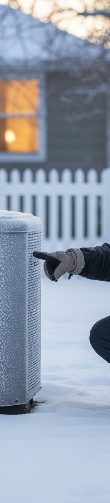 Homeowner inspecting an outdoor heat pump unit for ice in cold weather.