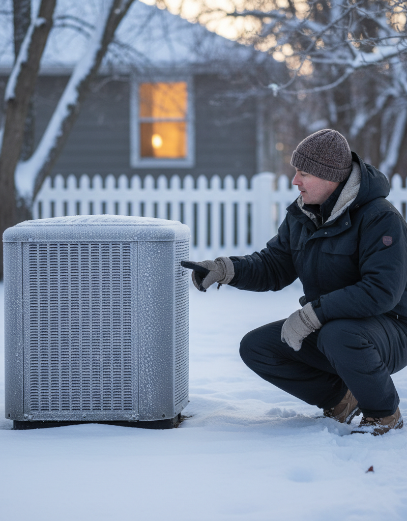 Homeowner inspecting an outdoor heat pump unit for ice in cold weather.