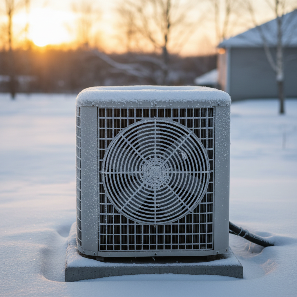 Heat pump outdoor unit with a thick layer of ice on the coils, indicating a defrost problem in cold weather.