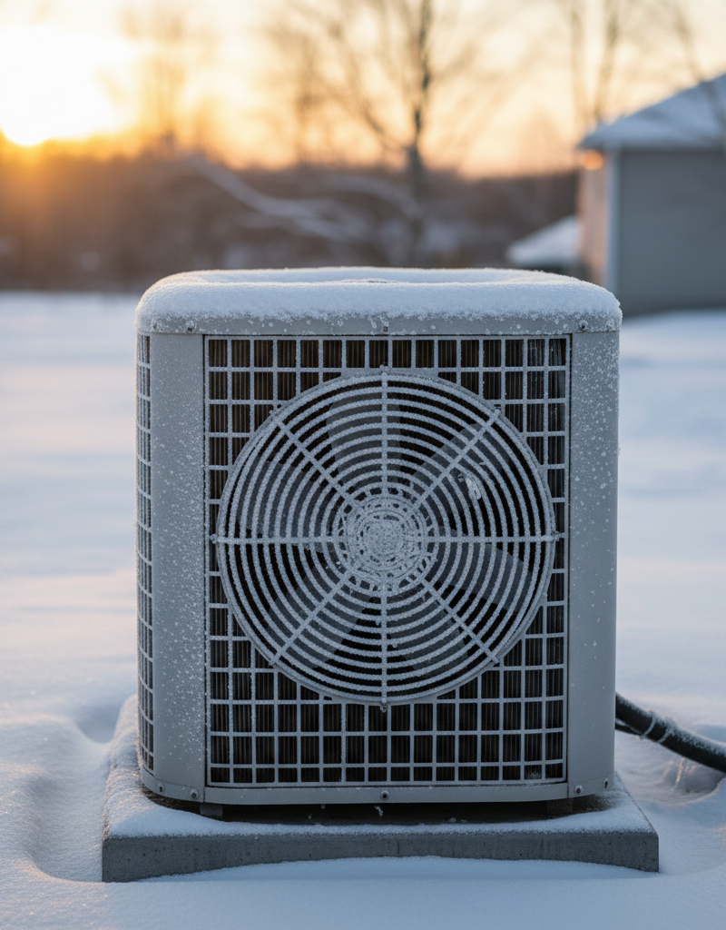 Heat pump outdoor unit with a thick layer of ice on the coils, indicating a defrost problem in cold weather.