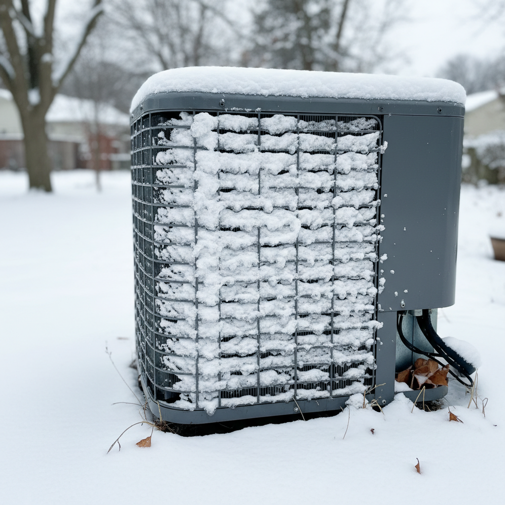 Outdoor heat pump unit with ice on the coils, indicating a defrost issue in cold weather.