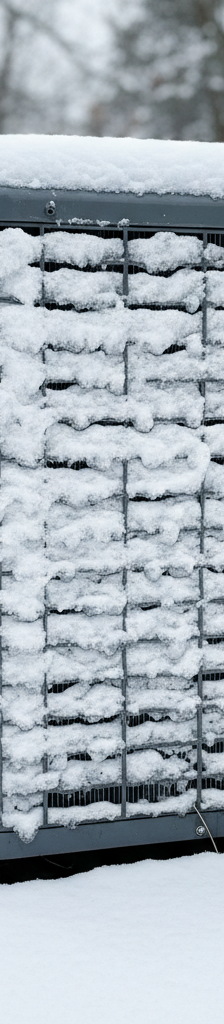 Outdoor heat pump unit with ice on the coils, indicating a defrost issue in cold weather.