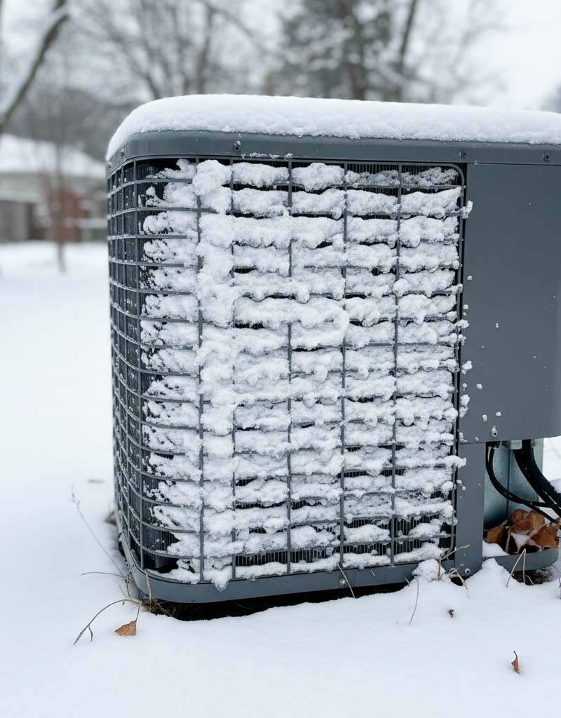 Outdoor heat pump unit with ice on the coils, indicating a defrost issue in cold weather.