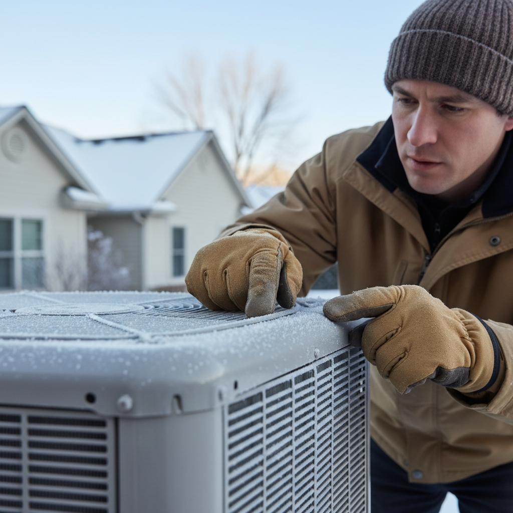 Homeowner inspects frosted outdoor heat pump unit in cold weather