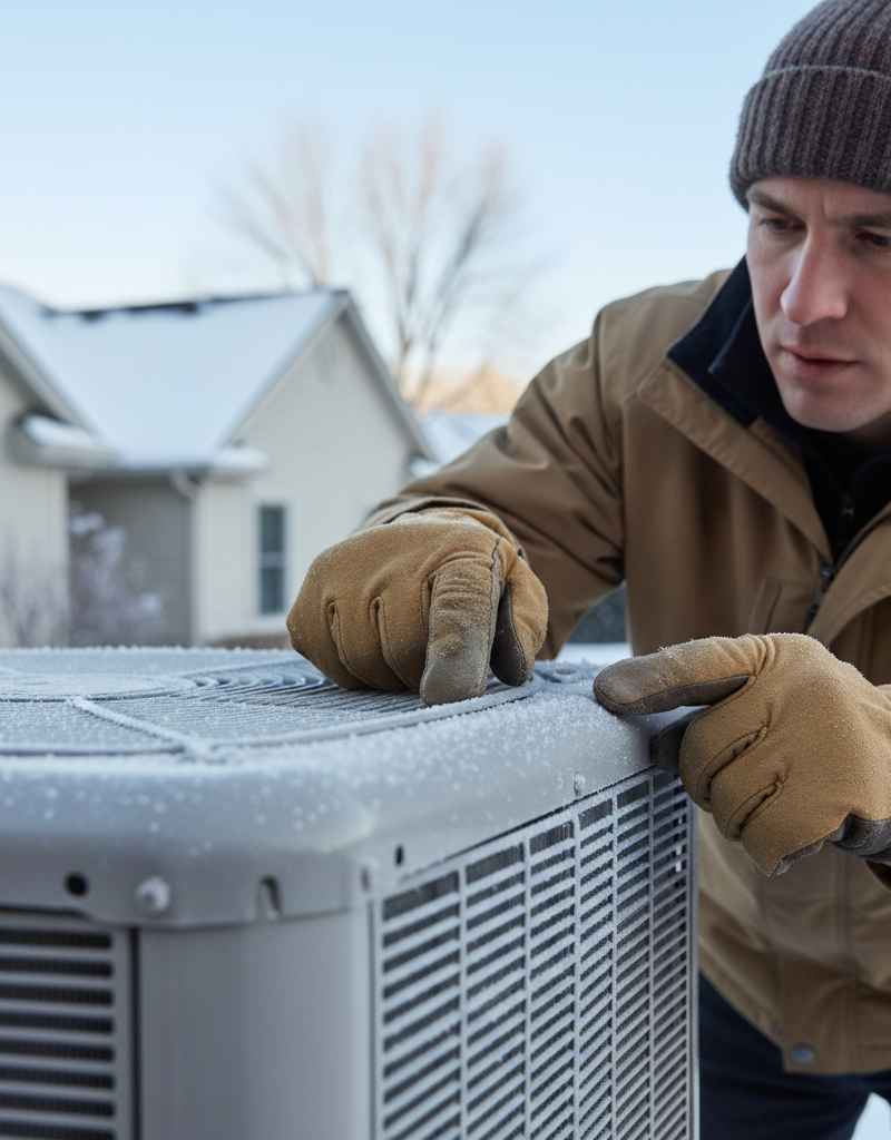 Homeowner inspects frosted outdoor heat pump unit in cold weather