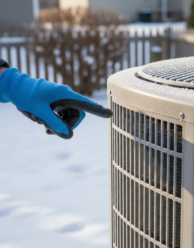 Homeowner inspecting a heat pump outdoor unit coil for frost during winter