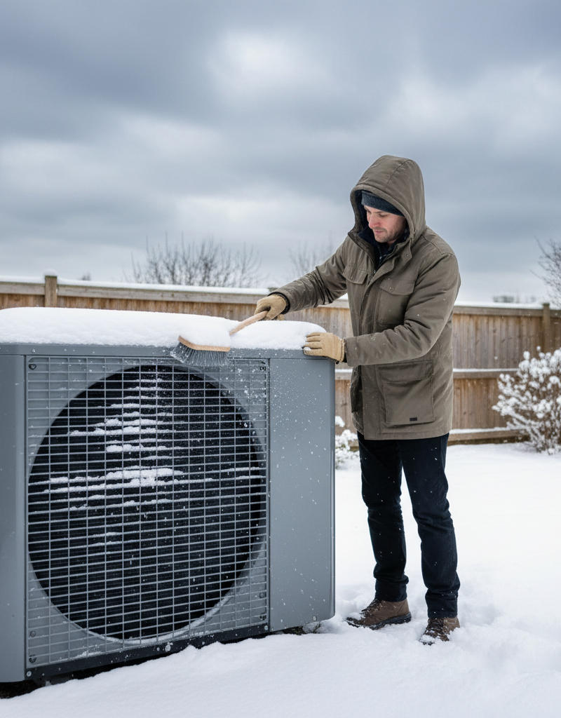 Homeowner clearing light snow from an outdoor heat pump unit in winter.
