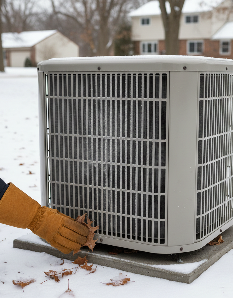 Homeowner inspecting a heat pump's outdoor unit covered in light frost during winter, with a focus on clean fins and base.