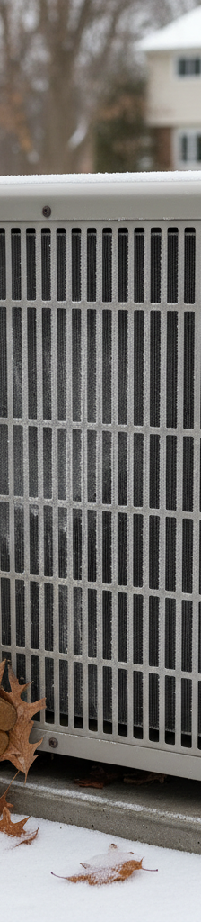 Homeowner inspecting a heat pump's outdoor unit covered in light frost during winter, with a focus on clean fins and base.