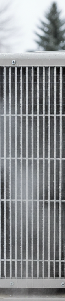 Heat pump outdoor unit with a light layer of frost on the coils during winter, indicating a defrost cycle.