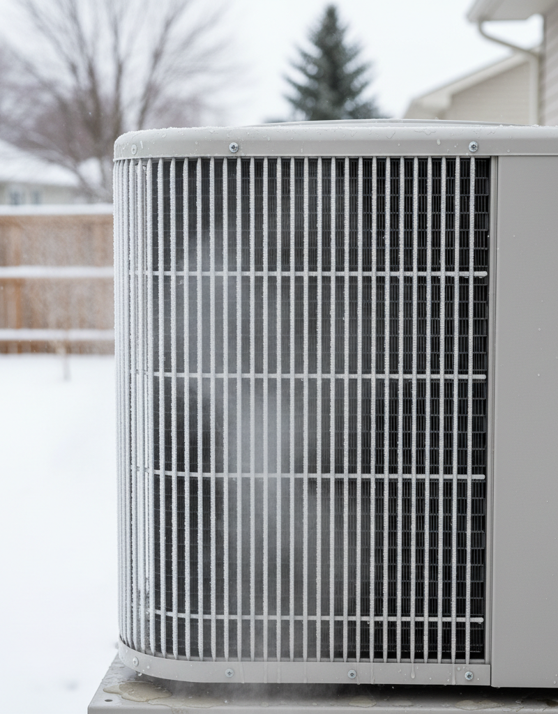 Heat pump outdoor unit with a light layer of frost on the coils during winter, indicating a defrost cycle.