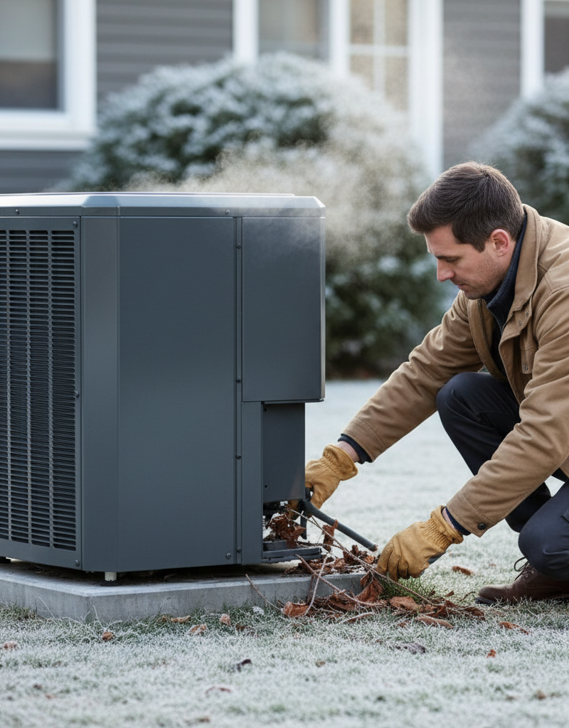 Homeowner inspecting and clearing debris from an outdoor heat pump unit on a cold, frosty day.