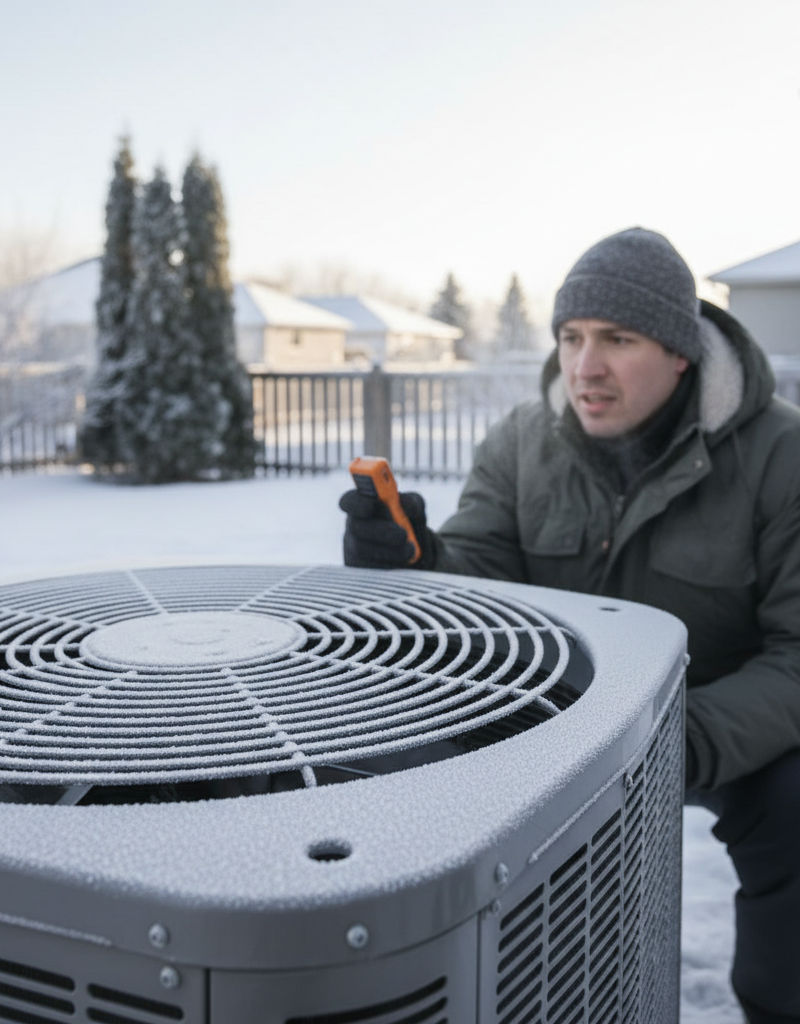 Outdoor heat pump unit lightly frosted during winter operation, with a homeowner inspecting it.