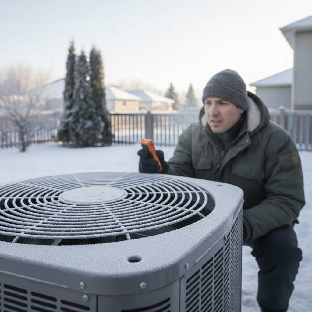 Outdoor heat pump unit lightly frosted during winter operation, with a homeowner inspecting it.