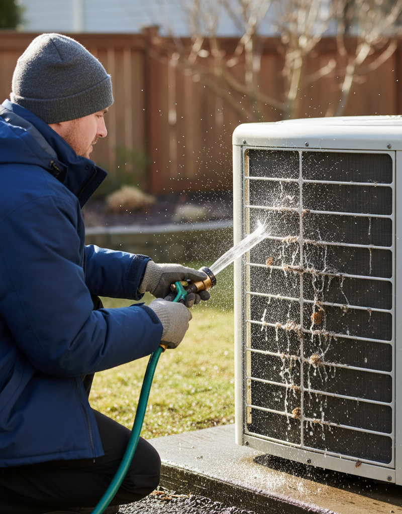 Homeowner cleaning dirty heat pump outdoor coil with a garden hose to restore heating function in winter.