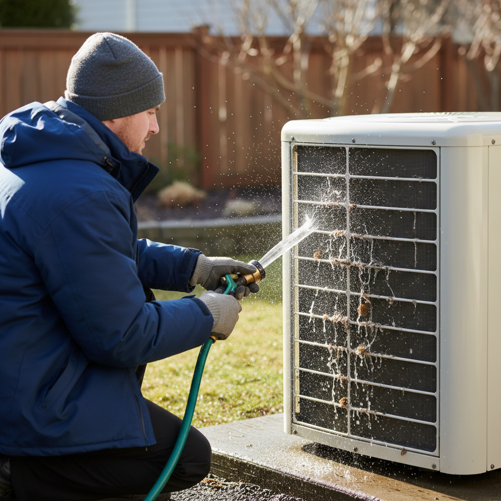 Homeowner cleaning dirty heat pump outdoor coil with a garden hose to restore heating function in winter.