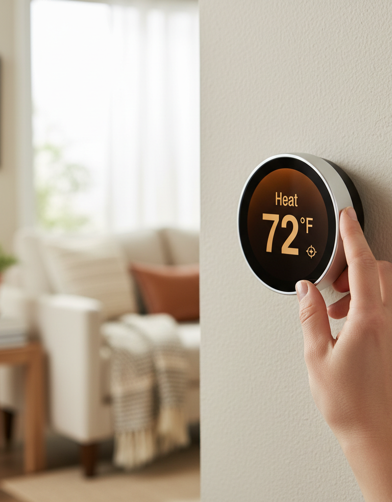 Hand adjusting a smart thermostat set to heat mode, display showing a high setpoint in a warm-toned home.