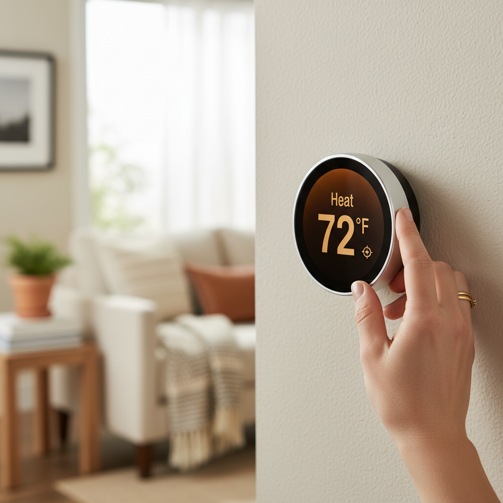 Hand adjusting a smart thermostat set to heat mode, display showing a high setpoint in a warm-toned home.