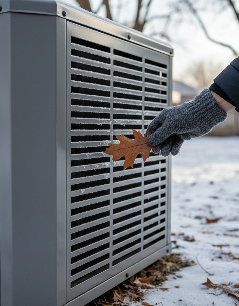 Homeowner inspecting a heat pump's outdoor unit with a light layer of frost on the coils in cold weather.
