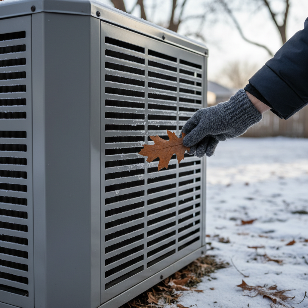 Homeowner inspecting a heat pump's outdoor unit with a light layer of frost on the coils in cold weather.