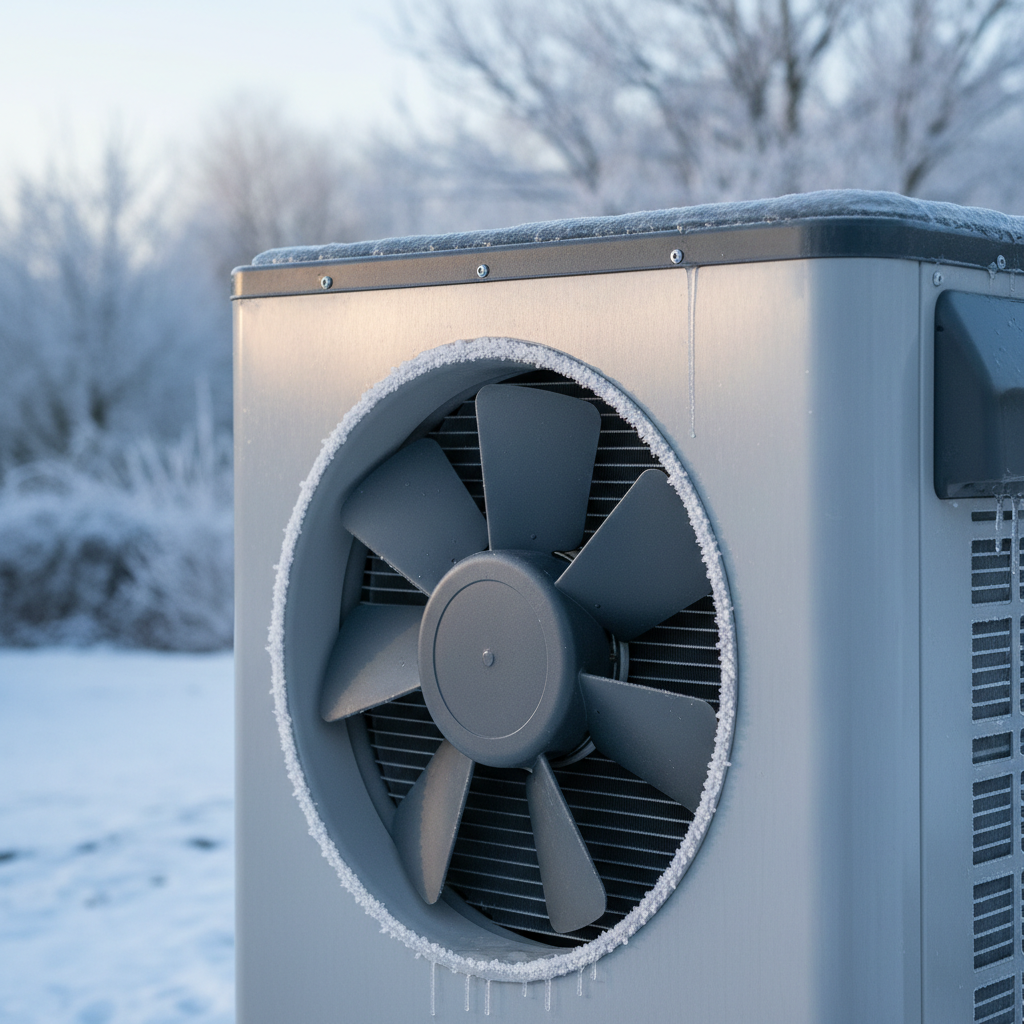 Heat pump outdoor unit with light frost on fins in cold weather, surrounded by snow.