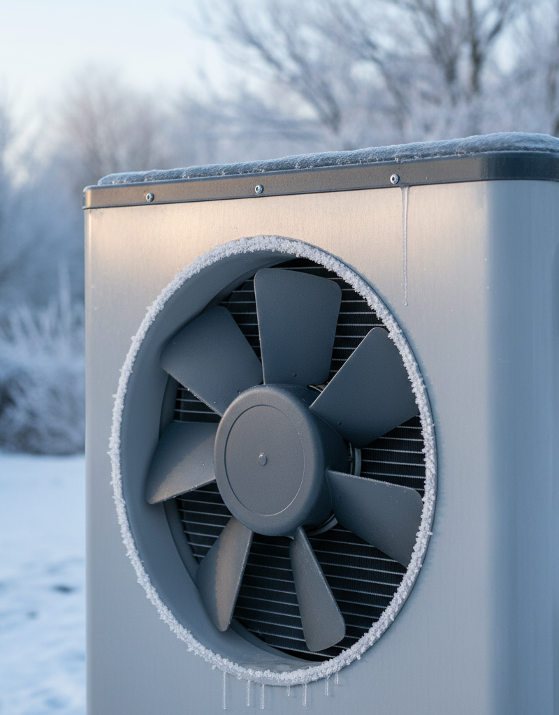 Heat pump outdoor unit with light frost on fins in cold weather, surrounded by snow.