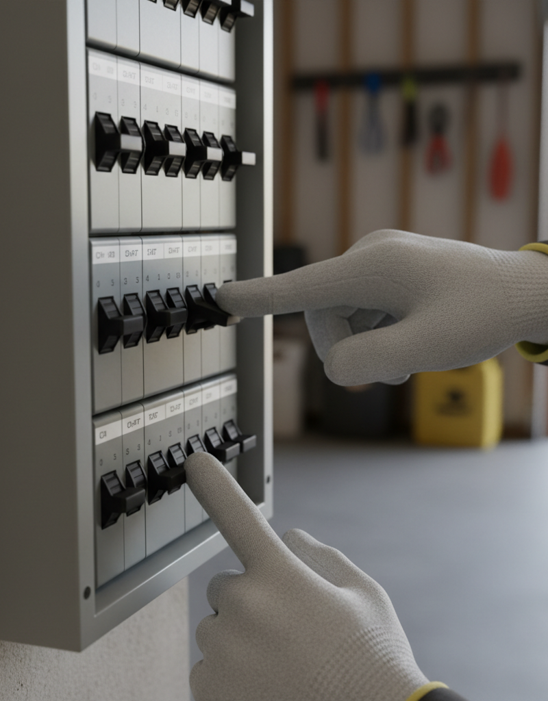 Homeowner's hand resetting a tripped circuit breaker in a fuse box for a heat pump's auxiliary heat.